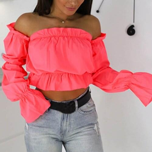 Shimai 2021 Candy Color Off Shoulder Crop Tops women Summer dot print lantern sleeve shirts Lady Sexy Slash neck beach blouse