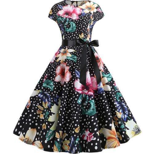 Women Summer Dresses Robe 50s 60s Vintage Pin Up Swing Rockabilly Floral Print Black Dress Plus Size Casual Beach Midi Vestidos