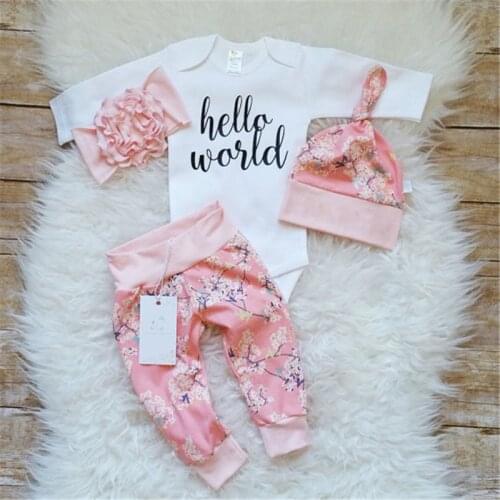 2020 Toddler Baby Girls Clothes 4PCS Newborn Cotton Clothes Long Sleeve Letter Romper+Floral Pants+Hat Headband Outfit Set