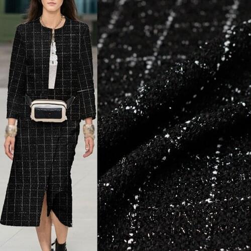 50x145cm Fashion Black Lattice Tweed Fabric Yarn Dyed Braided Jacquard Fabric For Women Overcoat Skirt DIY Cloth Sewing