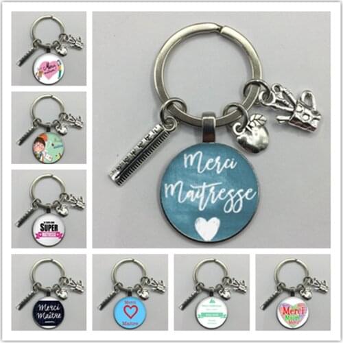Thank You Teacher Pendant Keychain Blessing Personality Convex Round Glass Keychain Teachers Day Gift