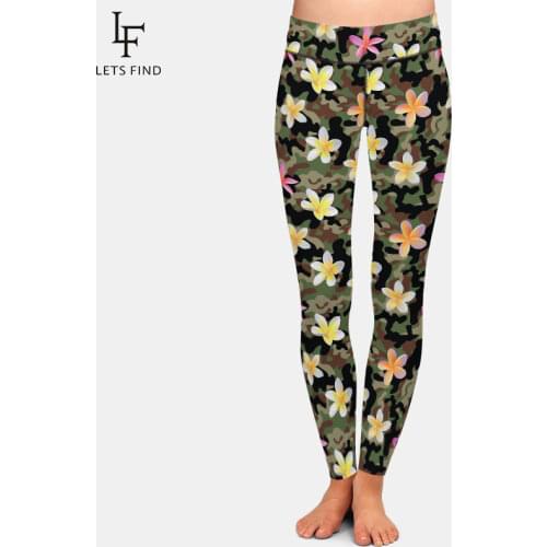 LETSFIND 3D Woodland Camo Pattern with Tropical Flowers Print Women High Waist Pant Plus Size Fitness Slim Soft Stretch Leggings