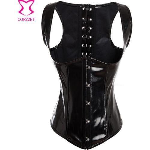 Black PVC Leather Waist Trainer Underbust Corset Vest Full Back Tank Latex Waist Cincher Corpetes E Espartilhos Gothic Corselet