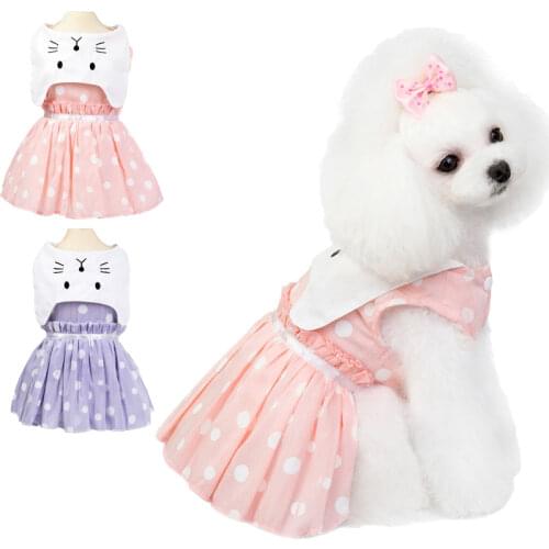 Cute Pet Dog Clothes Cat Print Dot Dog Cat Dresses For Small Dogs Dress Summer With Big Collar Skirt For Princess Pets Clothing