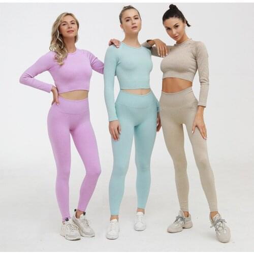 Simple Leisure Long Sleeve+Pants Yoga Set Breathable Sports Running Two Piece Tight Knitted Seamless Fitness Clothing
