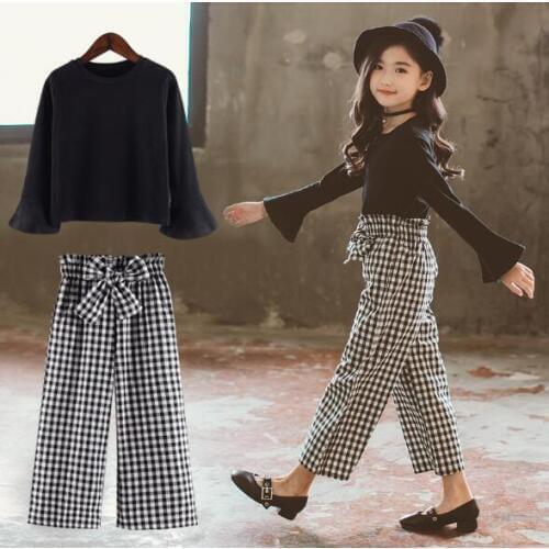 4 6 8 10 12 years Girls Clothing Sets Autumn Children Kids T-shirt + Plaid Pants Teenage Toddler Girl Long-sleeved Clothing Suit