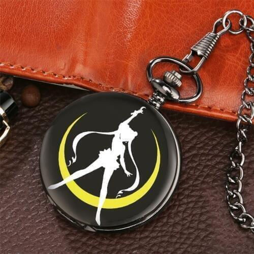 Sailor Moon Theme Printing Antique Black Pendant Pocket Watch 30 cm Fob Chain Quartz Pocket Watches