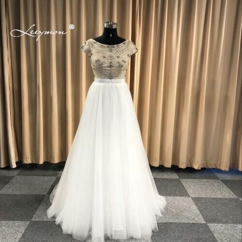 Leeymon 2020 Long Prom Dresses Luxury Beaded Top Short Sleeveless Crystals Tulle Formal Evening Dress Party Gown Customize