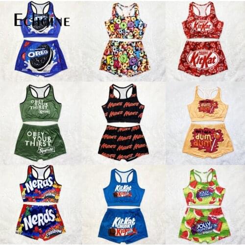 Echoine Summer Sexy Candy Printed Two Piece Set Women Sport Vest Crop Top Sleeveless Skinny High Waist Shorts Tracksuit Outfit
