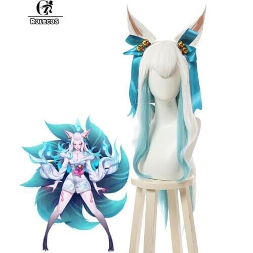 ROLECOS Game LOL Spirit Blossom Ahri Cosplay Wig LOL Cosplay White Ahri Wigs White Mixed Blue 80CM Long Hair Women Headwear