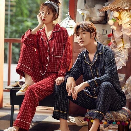 Couple Pajamas Spring and Fall New Cotton Simple Checkered Handsome Tracksuit Red Blue Sleepwear NW27