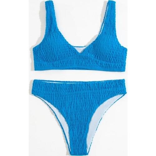 Summer Sexy Solid Color High Waist Solid Color Push Up Padded Backless Pleated Swimsuit Bikini Set Swimwear for Swimming