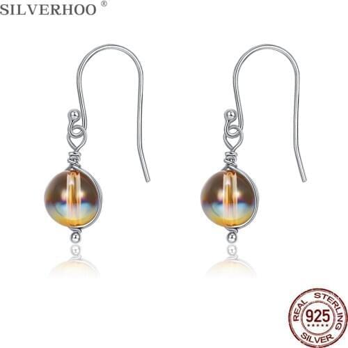SILVERHOO Genuine 925 Sterling Silver Earrings Women Colorful Round Austria Crystal Drop Earring Korean Fine Jewelry Hot Sale