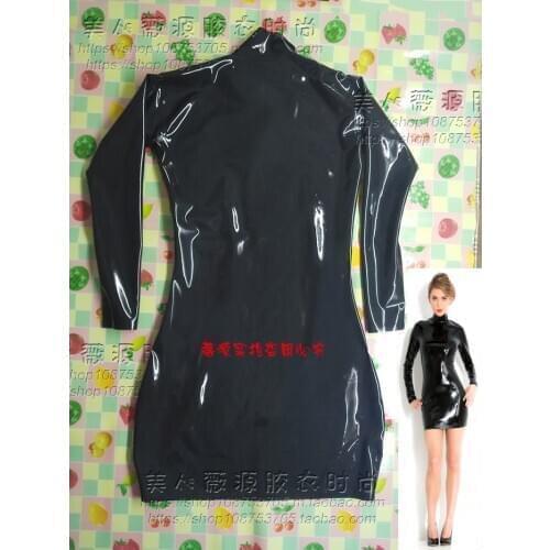 Sexy Women Black Long Sleeve Bodycon Hip Latex Rubber Dress with Back Zipper Party Club