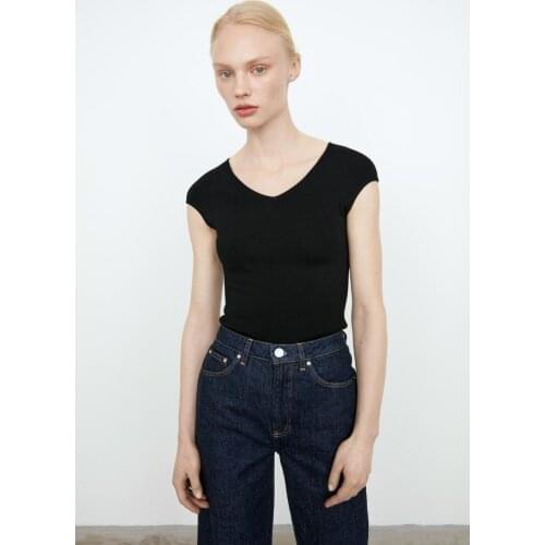 Totem* black/white viscose polyamide elastic cap sleeve o-neck slim knitting T shirt blouse