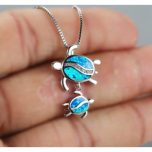 Creative Mom and Baby Turtle Pendant Blue Fire Opal Necklaces For Women Animal Jewelry Vintage Fashion Engagement Necklace Gifts