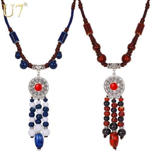 U7 Boho Multicolor Beads Necklace Pendant Silver Color 121MM Long Necklaces For Women Fashion Jewelry Wholesale N478