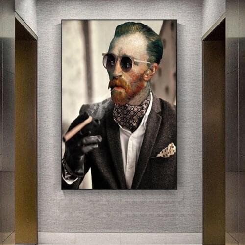Funny Art Van Gogh with Sunglasses Smokes A Cigar Posters and Prints Canvas Paintings Wall Art Pictures for Living Room Decor