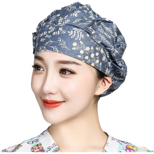 Printed Scrubs Caps Women Sweatband Bouffant Hats Nursing Cotton Caps For Women Long Hair Beauty Salon Beauty Salon Workwear