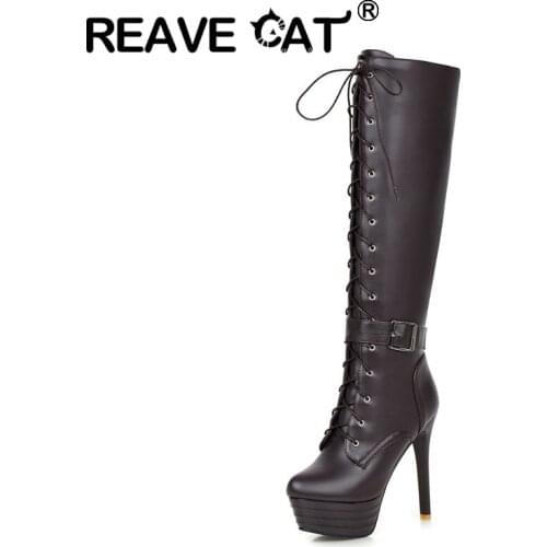 REAVE CAT Winter Ladies Knee High Boots Belt Buckle Round Toe Lace Up 13CM Platforms Zip Stiletto Heel Shoes US14 White A4207
