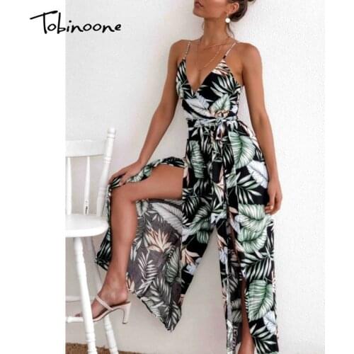 Tobinoone Sexy v neck backless print jumpsuit romper women spaghetti strap high waist overalls Split wide leg summer jumpsuit
