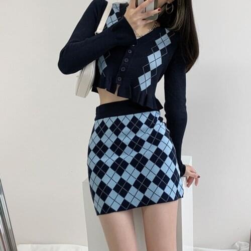 WOMENGAGA Spring Autumn Fashion Knit Two Piece Set Women V-neck With Ruched Cardigan High Waist Lattice Package Hip Skirt 7ZPM