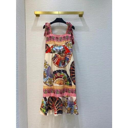 Runway Summer Sexy Spaghetti Strap Midi Dress Women Flowers Print Slash Neck Sleeveless Trumpet Sexy Top Dresses