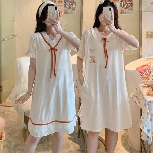 2021 Summer 100% Cotton Short Sleeve Sexy V-neck Nightgowns for Women Cute Bow Sleepwear Nightdress Home Dress Night Gown Nighty