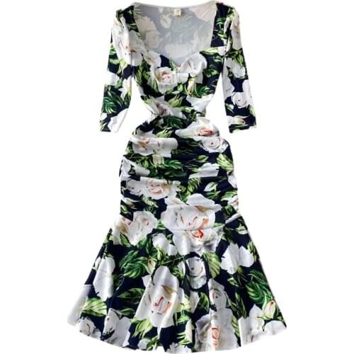 2021 New Korean Flower Print Green Bodycon Mermaid Dresses Fow Women Summer Square Collar Pleated Ruffles Party Dress Vestidos