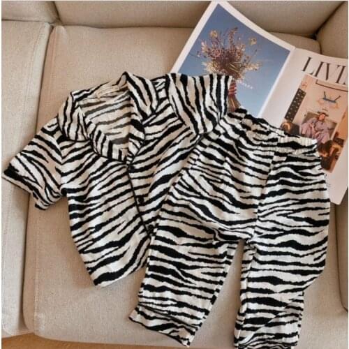 2021 new cotton girls boys 2 pcs set summer cotton printed shirt+long pants cool soft kids suit