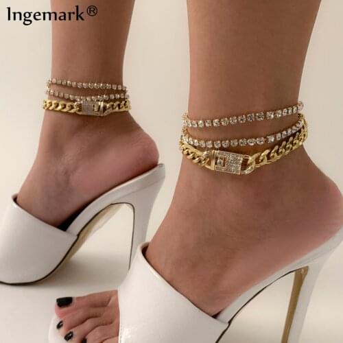 3Pcs/Set Iced Out Rhinestone Chain Anklet Women Men Boho Crystal Chunky Cuban Curb Summer Beach Anklet Barefoot Hip Hop Jewelry