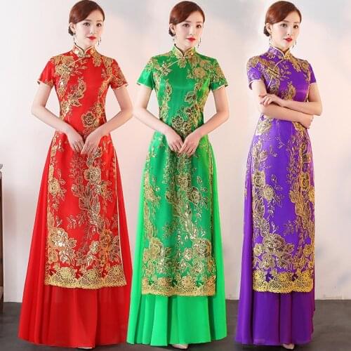 Exquisite Sequins Embroidery Vietnam Style Elegant Oriental Short Sleeve Cheongsam Chinese Mandarin Collar Aodai Qipao Dress