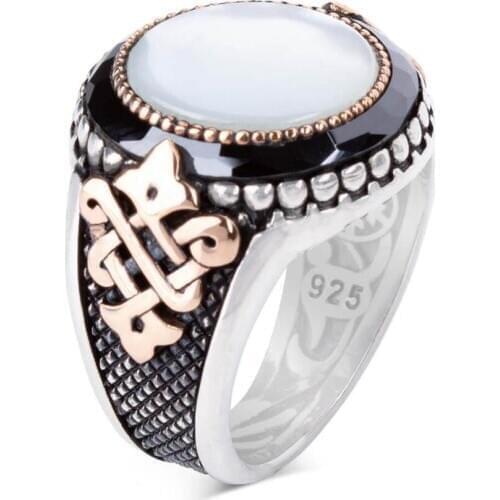 Oval White Sedef Stone Ring Vintage Men Jewelery Handcarved Men Ring High Quality Fashionable Men For Gifts