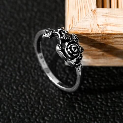 Black Rose Flower Pattern Ring Silver Color Mini Band Small Size Jewelry For Woman Wedding Engagement Finger Accessories Gifts