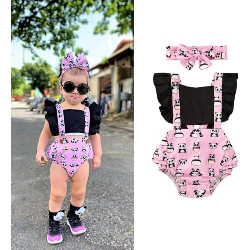 Newly Summer Toddler Baby Girls Bodysuits Headband 2pcs Animal Print Ruffles Short Sleeve Jumpsuits