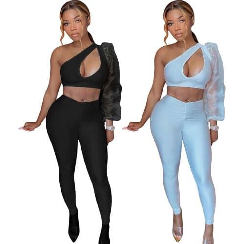 Echoine Womens Nightclub Wear Tracksuit Skew Collar Hollow Out One Shoulder Puff Sleeve Crop Top + Bodycon Pants Two Piece Set