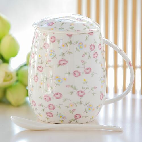 Fresh garden style Bone China Mug Creative Country Style Milk mug Safe No Lead Anvanced Ceramic Coffee with Spoon with Lid