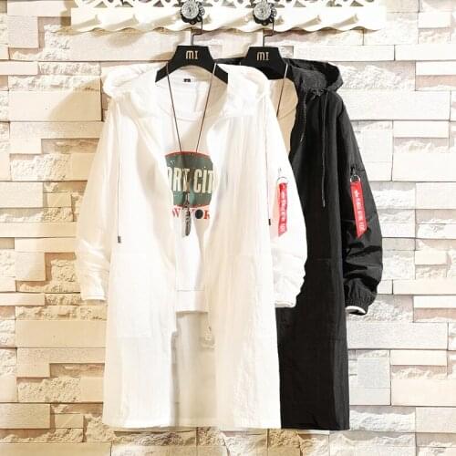 New Spring Fall Jacket Mens Loose Ultra-Thin Mid-Long Hooded Windbreaker Student Zip-Up Trench Large Size Sun Protection Coat