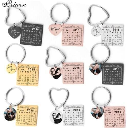 Personalized Calendar Keychain Calendar Highlighted with Heart Date Keyring Gold Stainless Steel Private Custom Photo Text Date