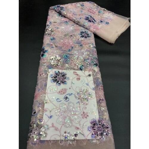 Pink Handmade Bead African Lace Fabric 2021 High Quality Embroidery French Nigerian Lace Fabric 5 Yards for Wedding Party Dress