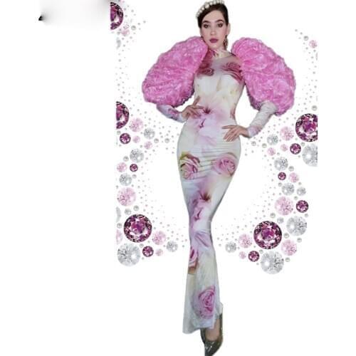 Pink Rose Flower Long Dress Spandex Stage Wear Birthday Prom Party Outfit Women Dancer Show Dress