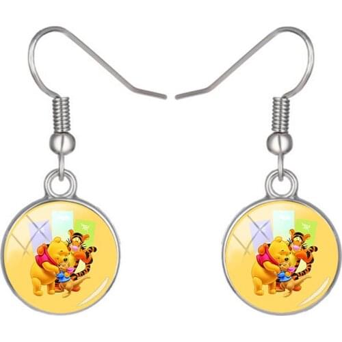 Disney Winnie The Pooh Earrings Round Earrings Painting Hook Earrings Glass Cabochon Photo Jewelry Earrings