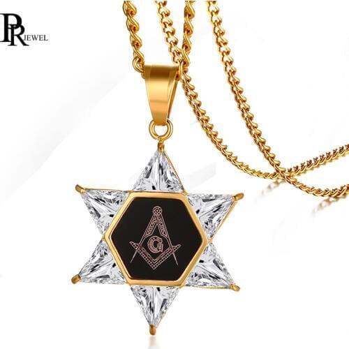 Mens Womens Stainless Steel Hexagram Six-pointed Jewish Star of David with Masonic Symbol Pendant Necklace Black Gold