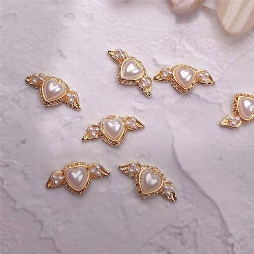 10pcs/lot 3D Zircon Alloy Nail Art Decorations Pearl Love Wing Metal Fingernail Nails Kawaii Accessories Supplies Nail Charms