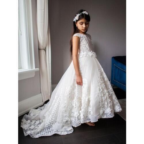 Vintage Lace Applique Flower Girls Dresses Sweep Train Girls First Commion Dresse Ball Gowns Custom Handmade