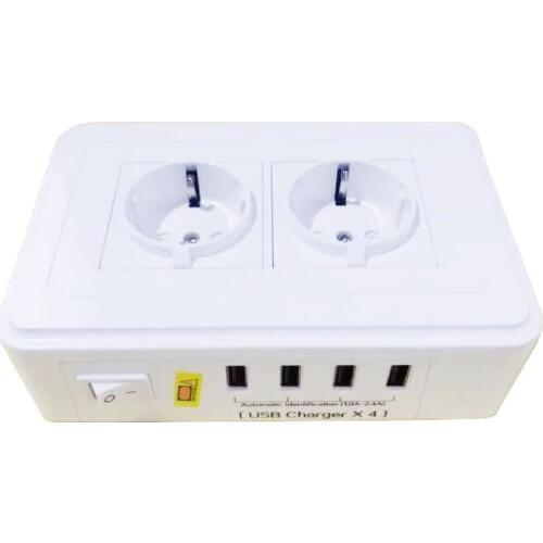 Smart Socket 4.8mm Europ Extension Socket Surge Protection 2 EU Outlet 4USB Charger Ports Power Strip Tabletop Extension Socket