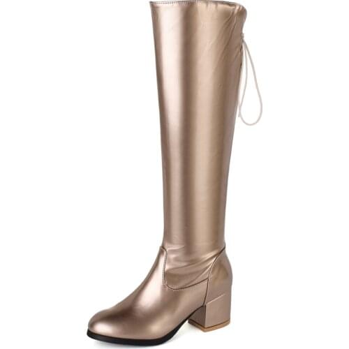 Bright Leather Champagne Gold Square Heel Knee-Length Boots Waterproof Thick Heel Lace-Up Silver High Boots Fashion Shoes Zipper