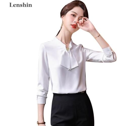 Lenshin Soft Fabric Shirts for Women O-neck Blouse with Bow Work Wear Office Lady Female Champagne Tops Chemise Loose style