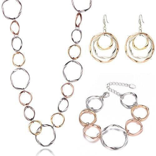 New Mix Color Round Geometric Jewelry Sets For Women Metal Long Necklace Drop Earring Bracelet Jewellery Valentines Day Gifts