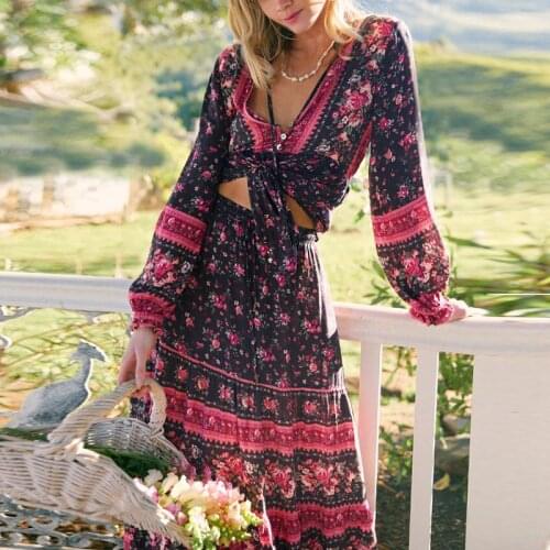 TEELYNN Boho Long Sleeve Maxi Dresses Women Vintage Cotton Floral Print Elastic Waist Spring Autumn Dress Casual Vestidos Robe